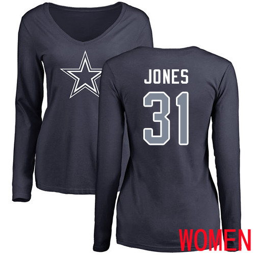 Women Dallas Cowboys Navy Blue Byron Jones Name and Number Logo Slim Fit #31 Long Sleeve Nike NFL T Shirt->nfl t-shirts->Sports Accessory